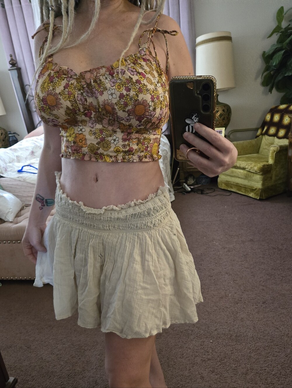 Free People Cream Smocked Waist Layered Mini Skirt